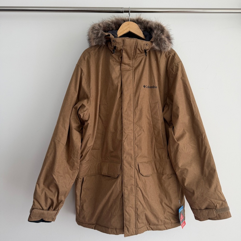 Columbia Parka Jacket Mens Large Tall Brown Omni-Heat Penns Creek Faux Fur Hood
